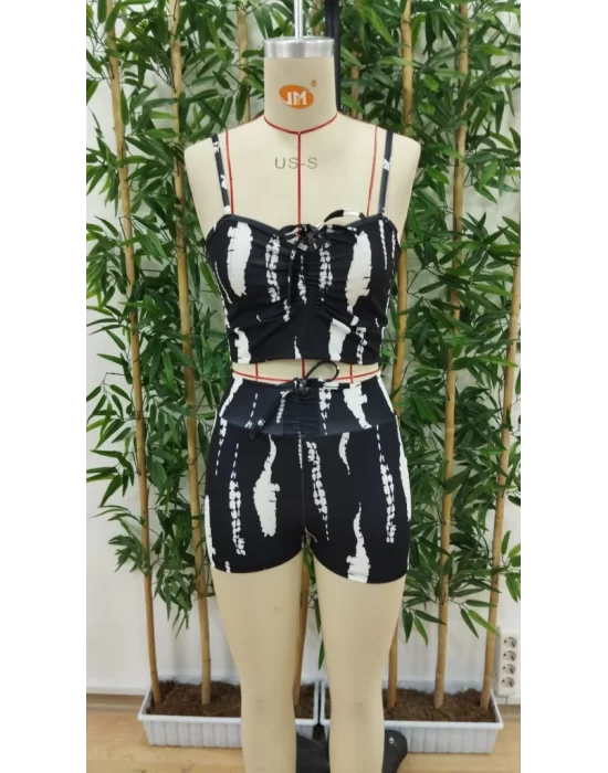 Kadın Büzgü Detay Askılı Crop Mini Tayt Ikili Takım