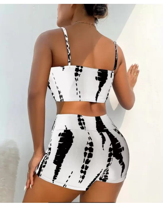 Kadın Büzgü Detay Askılı Crop Mini Tayt Ikili Takım