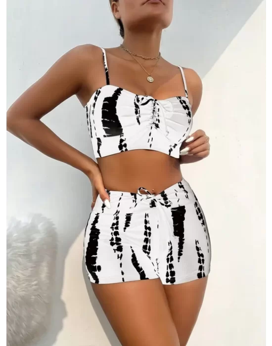 Kadın Büzgü Detay Askılı Crop Mini Tayt Ikili Takım