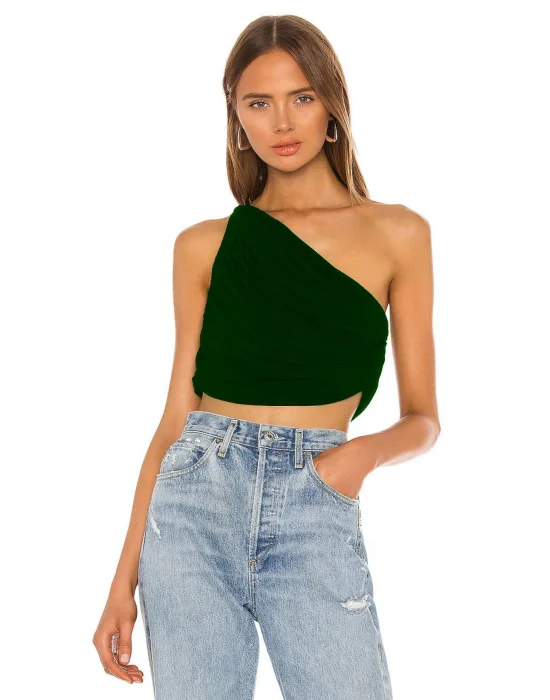 MetuCa Kadın YeşilTek Omuz Drapeli Jarse Kumaş Asimetrik Vücudu Saran Crop Top Bluz Büstiyer