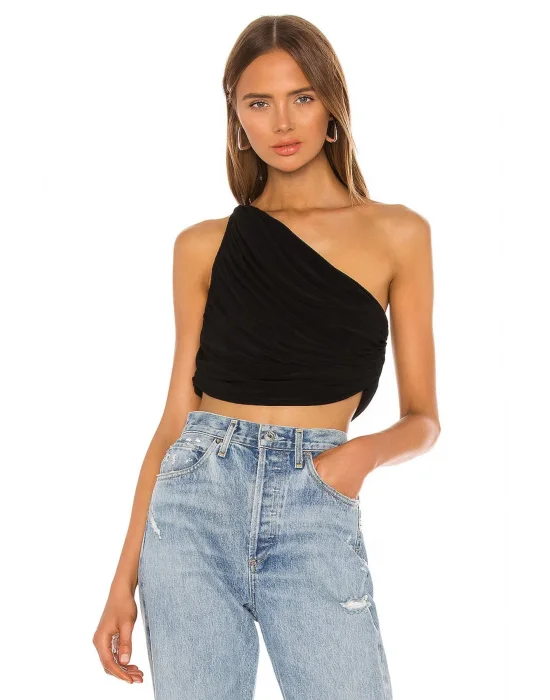 MetuCa Kadın Siyah Tek Omuz Drapeli Jarse Kumaş Asimetrik Crop Top Bluz Büstiyer