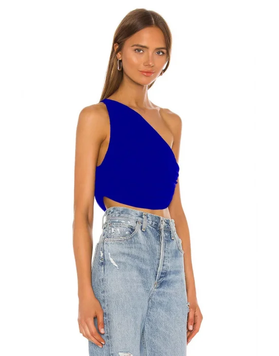 MetuCa Kadın Mavi Tek Omuz Drapeli Jarse Kumaş Asimetrik Crop Top Bluz Büstiyer