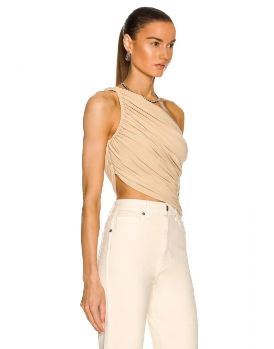 MetuCa Kadın Bej Tek Omuz Drapeli Jarse Kumaş Asimetrik Vücudu Saran Crop Top Bluz Büstiyer