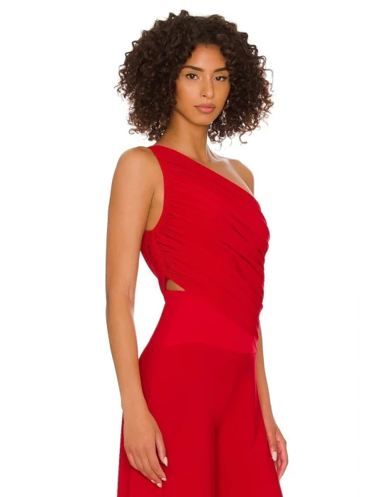 MetuCa Kadın Kırmızı Tek Omuz Drapeli Jarse Kumaş Asimetrik Vücudu Saran Crop Top Bluz Büstiyer