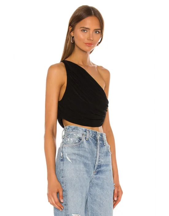 MetuCa Kadın Siyah Tek Omuz Drapeli Jarse Kumaş Asimetrik Crop Top Bluz Büstiyer