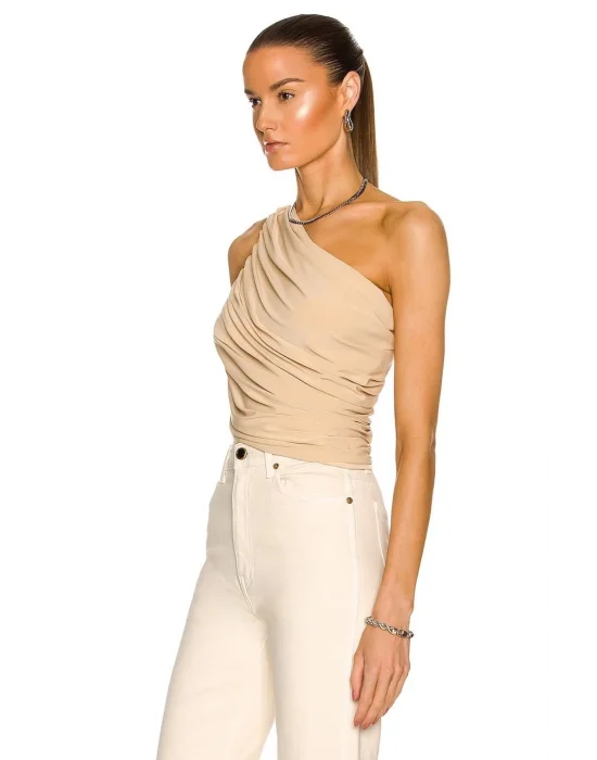 MetuCa Kadın Bej Tek Omuz Drapeli Jarse Kumaş Asimetrik Vücudu Saran Crop Top Bluz Büstiyer