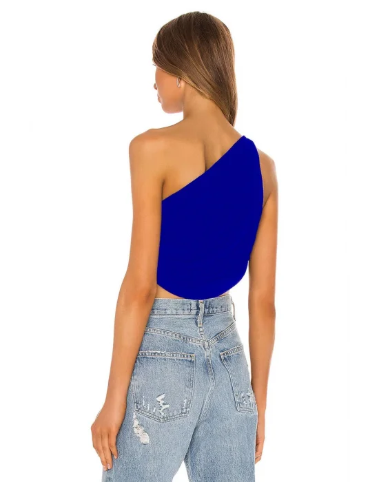 MetuCa Kadın Mavi Tek Omuz Drapeli Jarse Kumaş Asimetrik Crop Top Bluz Büstiyer