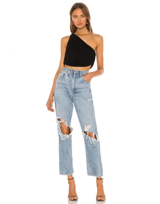 MetuCa Kadın Siyah Tek Omuz Drapeli Jarse Kumaş Asimetrik Crop Top Bluz Büstiyer