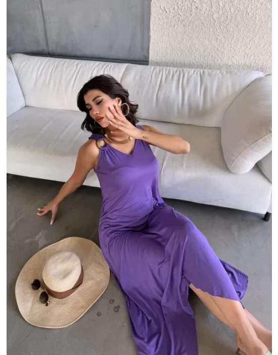 Kadın çan Dokuma Kumaş V Yaka Asimetrik Kesim Elbise