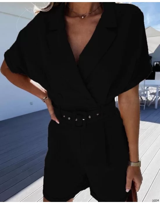 Kadın Ceket Yaka Pileli Kemer Dahil şort Tulum