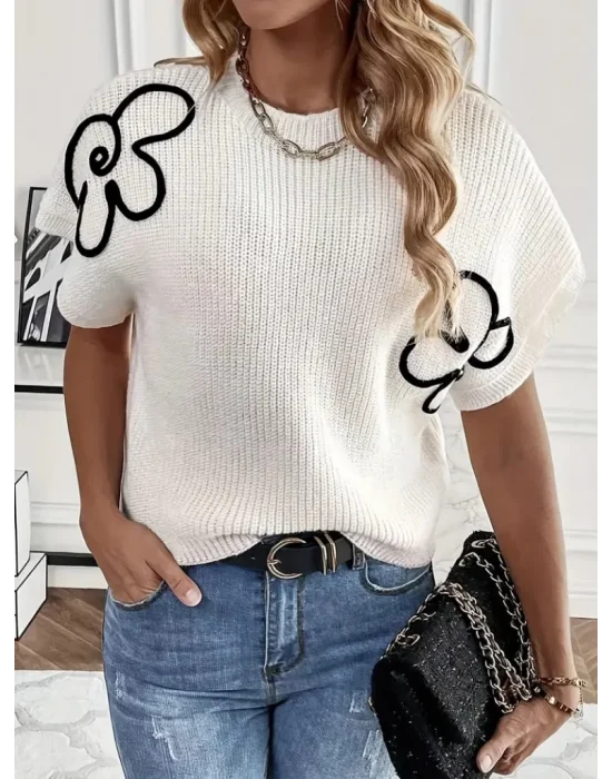 Kadın çiçek Detaylı Triko Bluz