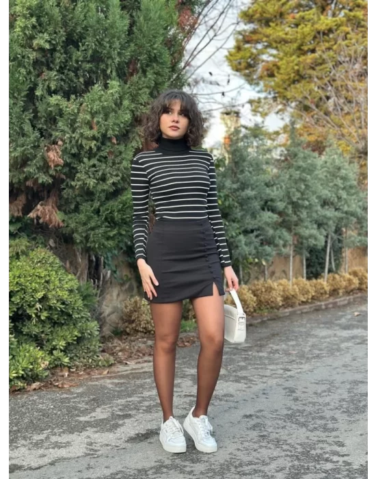Kadın çizgili Kaşkorse Kumaş Tam Balıkçı Bluz