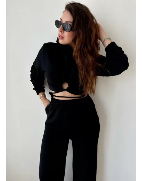 Kadın Crop Bağlama Detaylı Eşofman Takımı