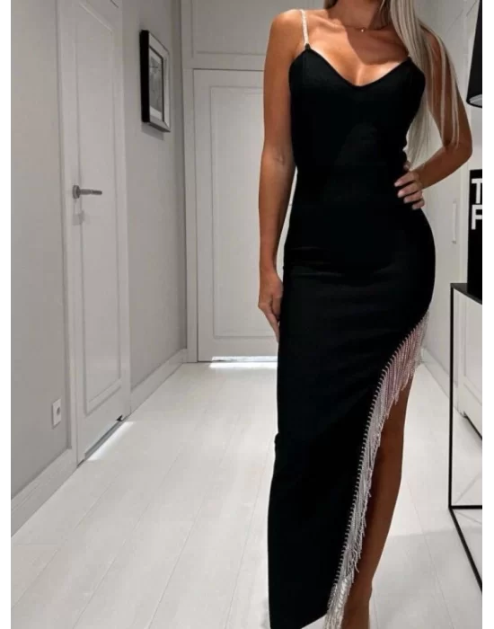 Kadın Dagıç Kumaş Saçaklı Taşlı Askılı Midi Boy Elbise