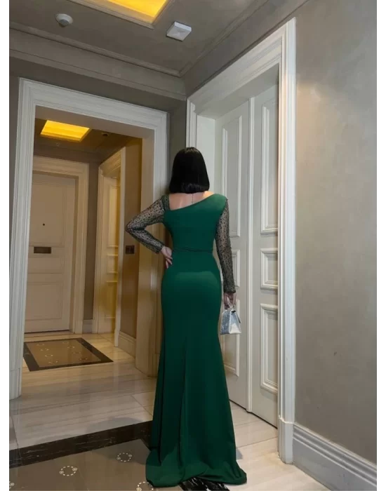 Kadın Dalgıç Krep Kumaş Kolları Tül Ve Taş Detaylı önü Drapeli Maxi Boy Elbise