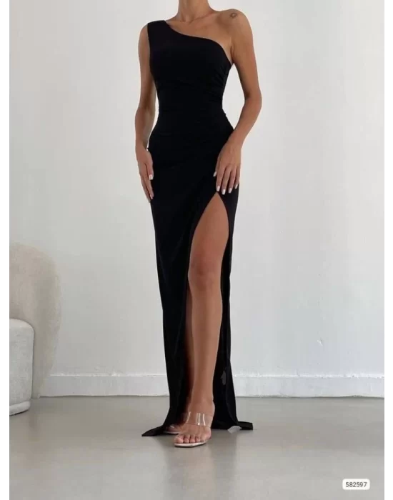 Kadın Dalgıç Krep Kumaş Tek Omuz Yırtmaç Detaylı Maxi Boy Elbise