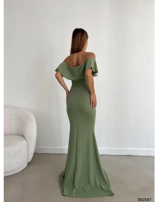 Kadın Dalgıç Krep Yırtmaç Detaylı Askılı Maxi Boy Elbise