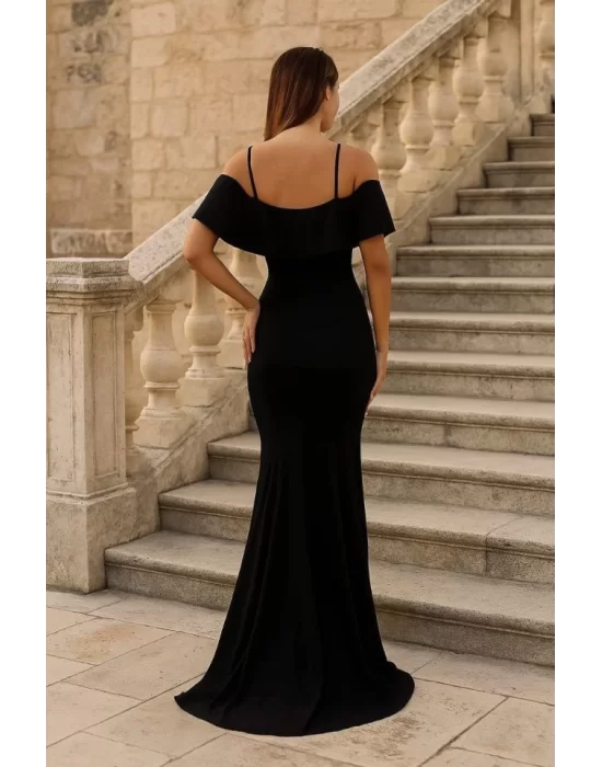Kadın Dalgıç Krep Yırtmaç Detaylı Askılı Maxi Boy Elbise