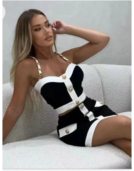 Kadın Dalgıç Kumaş Düğme Ve Zincir Detaylı Ikili Takım
