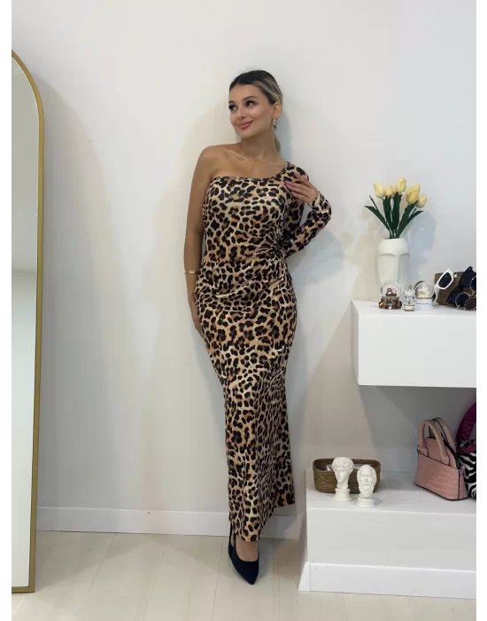 Kadın Dalgıç Kumaş Leopar Baskılı Yan Dekolte Detaylı Elbise