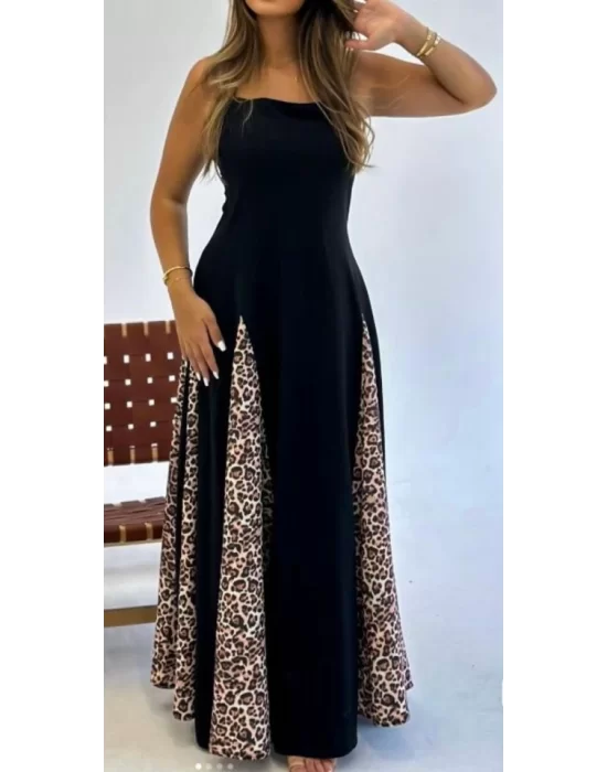 Kadın Dalgıç Kumaş Leopar Desenli Kloş Elbise