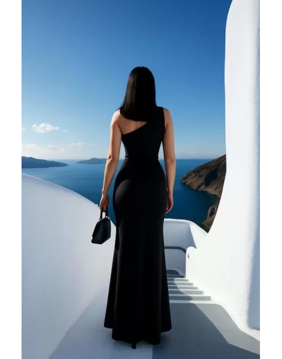 Kadın Dalgıç Kumaş Tek Omuz Askılı Yırtmaç Detaylı Maxi Boy Elbise