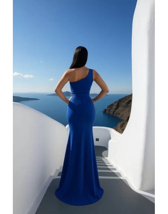 Kadın Dalgıç Kumaş Tek Omuz Askılı Yırtmaç Detaylı Maxi Boy Elbise