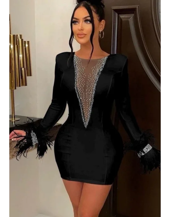 Kadın Dalgıç Kumaş Tül Ve Taş Aksesuarlı Kolları Tüylü Mini Boy Elbise
