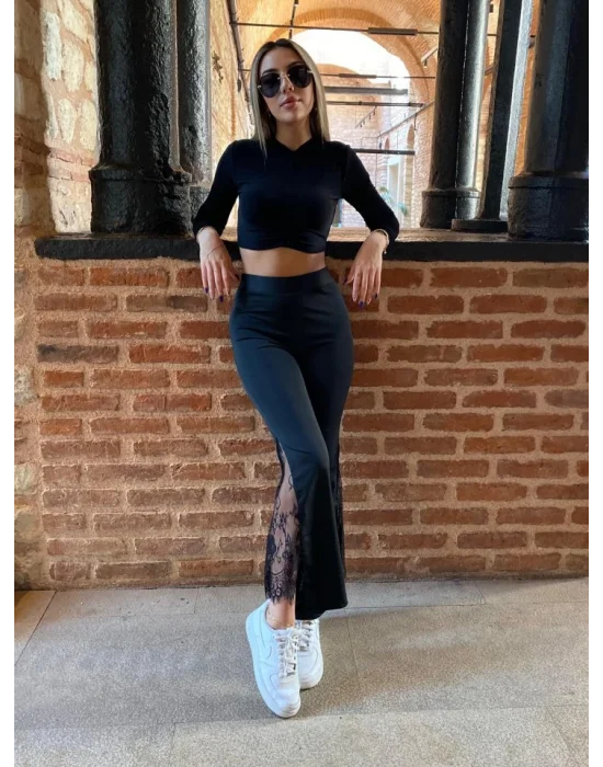 Kadın Dantel Eklemeli Ispanyol Paça Scuba Tayt Pantalon