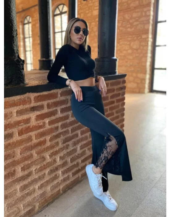 Kadın Dantel Eklemeli Ispanyol Paça Scuba Tayt Pantalon