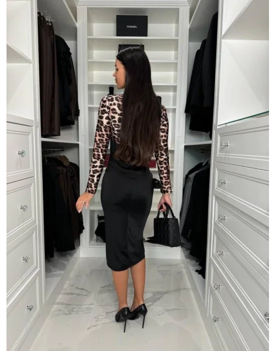 Kadın Dijital Baskılı Full Likralı Kristal örme Kumaş Drape Detaylı Yırtmaç Dekolteli Midi Boy Elbise