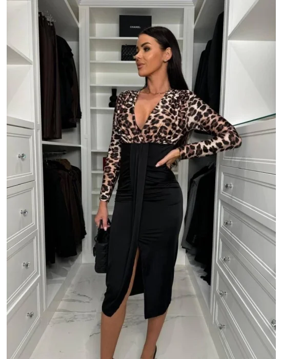 Kadın Dijital Baskılı Full Likralı Kristal örme Kumaş Drape Detaylı Yırtmaç Dekolteli Midi Boy Elbise