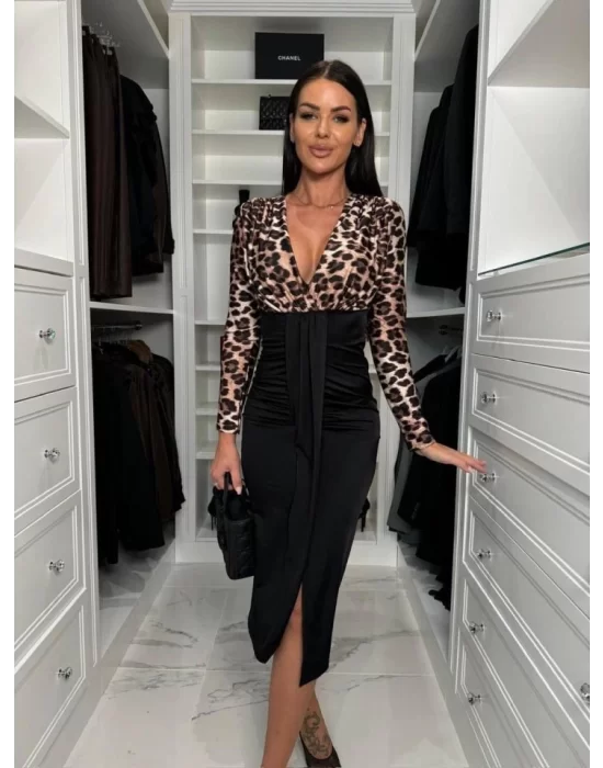 Kadın Dijital Baskılı Full Likralı Kristal örme Kumaş Drape Detaylı Yırtmaç Dekolteli Midi Boy Elbise