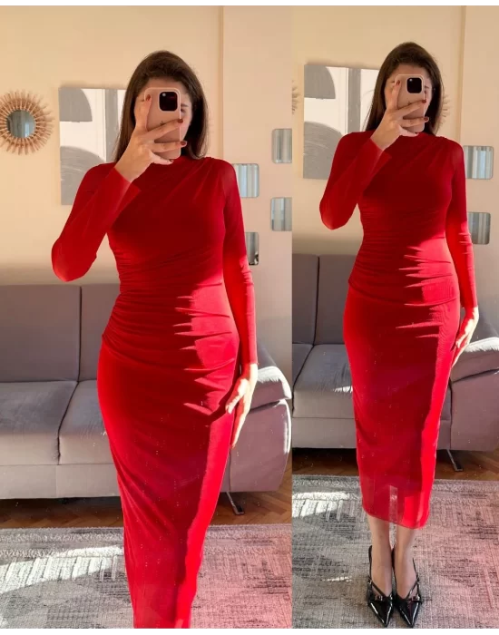 Kadın Drapeli Tül Kumaş Uzun Kollu Midi Boy Elbise