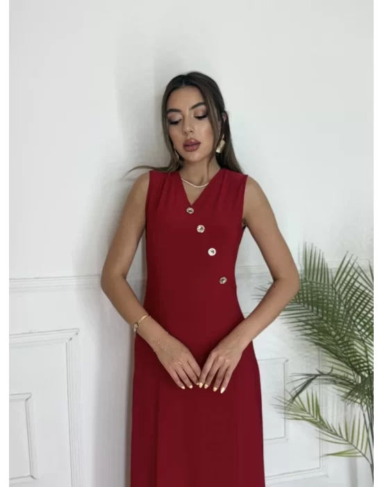 Kadın Düğme Detay Kolsuz Maxi Boy Elbise