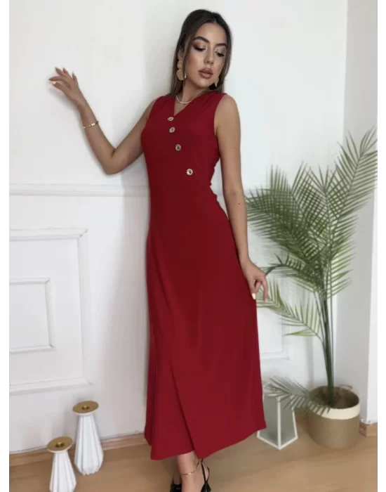 Kadın Düğme Detay Kolsuz Maxi Boy Elbise