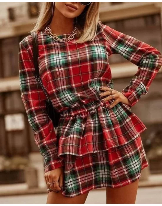Kadın Ekose Kumaş Dijital Baskılı Uzun Kollu Mini Boy Elbise