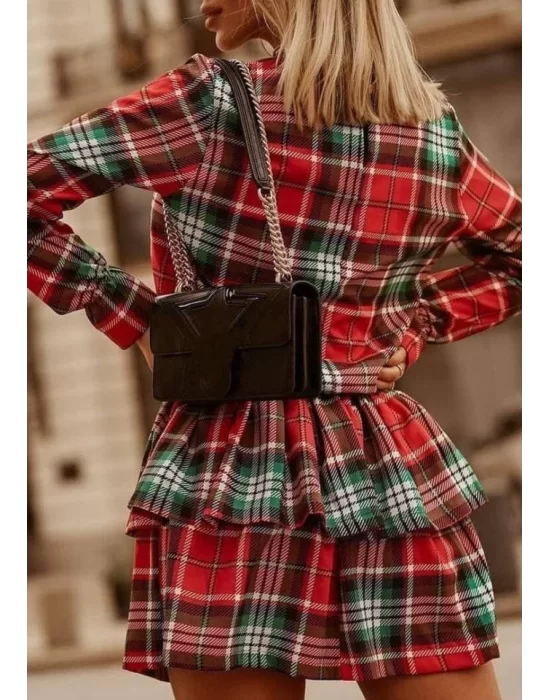 Kadın Ekose Kumaş Dijital Baskılı Uzun Kollu Mini Boy Elbise