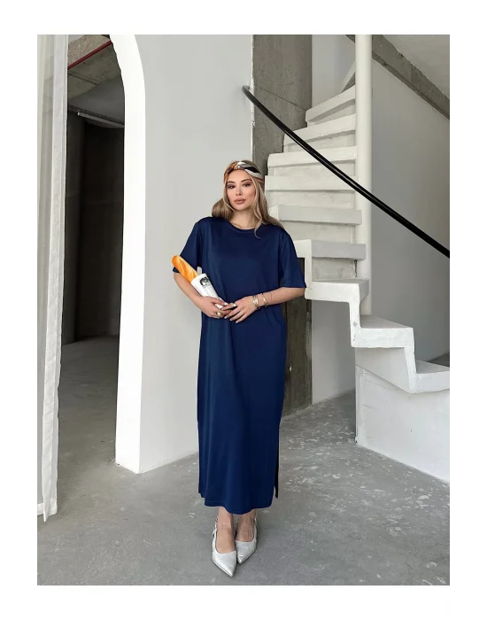 MetuCa Kadın Lacivert Modal Kumaş Yanları Yırtmaçlı Salaş Uzun Tişört Elbise İç Göstermez