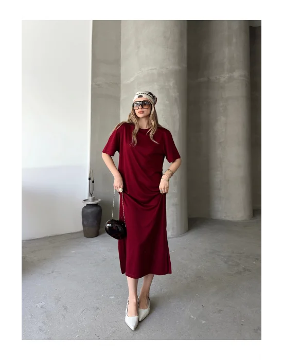 MetuCa Kadın Bordo Modal Kumaş Yanları Yırtmaçlı Salaş Uzun Tişört Elbise İç Göstermez