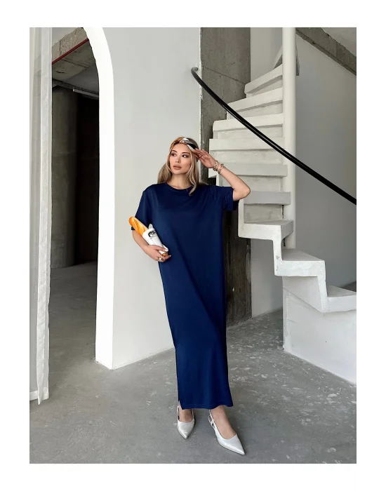 MetuCa Kadın Lacivert Modal Kumaş Yanları Yırtmaçlı Salaş Uzun Tişört Elbise İç Göstermez