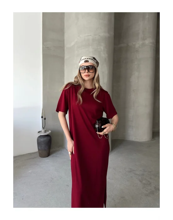 MetuCa Kadın Bordo Modal Kumaş Yanları Yırtmaçlı Salaş Uzun Tişört Elbise İç Göstermez
