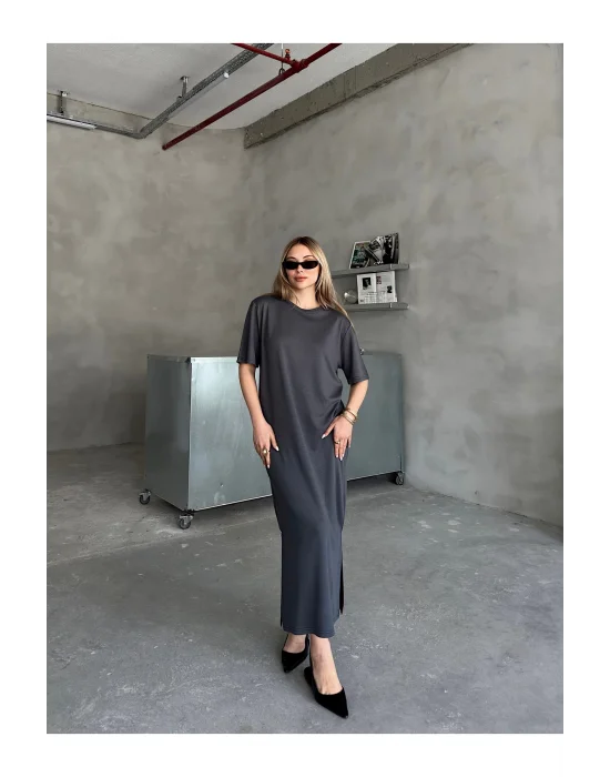 MetuCa Kadın Antrasit Modal Kumaş Yanları Yırtmaçlı Salaş Uzun Tişört Elbise İç Göstermez