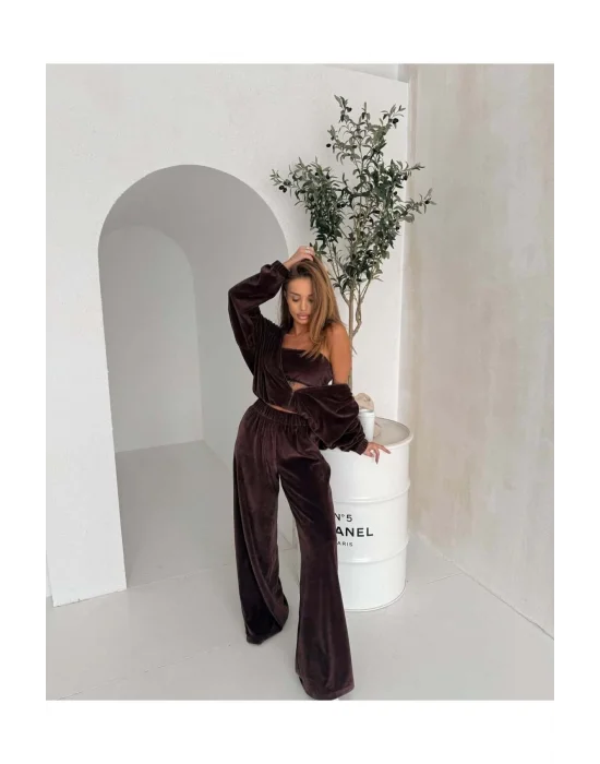 MetuCa Kadın Kahverengi 3lü Fransız Kadife Eşofman Takımı Ceket, Straplez ve Geniş Paça Pantolon