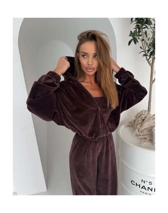 MetuCa Kadın Kahverengi 3lü Fransız Kadife Eşofman Takımı Ceket, Straplez ve Geniş Paça Pantolon