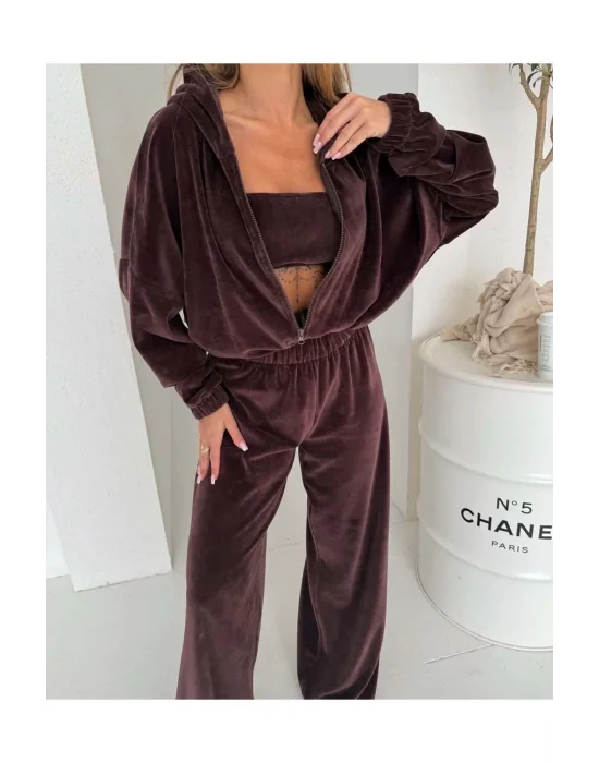 MetuCa Kadın Kahverengi 3lü Fransız Kadife Eşofman Takımı Ceket, Straplez ve Geniş Paça Pantolon