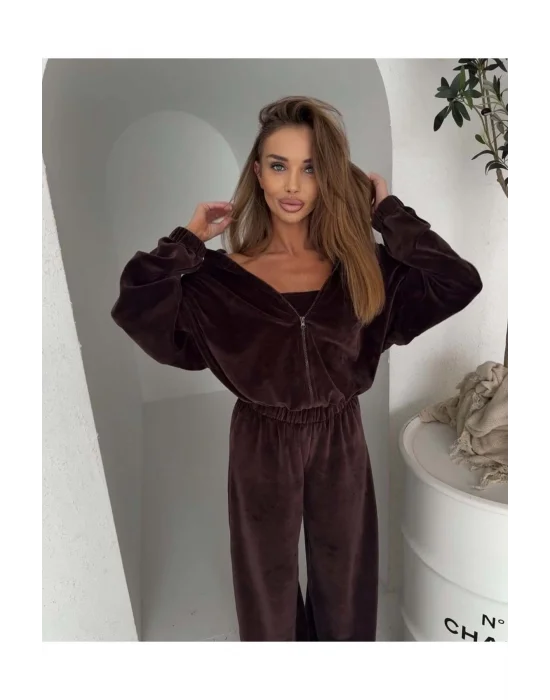 MetuCa Kadın Kahverengi 3lü Fransız Kadife Eşofman Takımı Ceket, Straplez ve Geniş Paça Pantolon