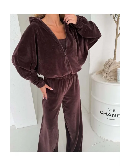 MetuCa Kadın Kahverengi 3lü Fransız Kadife Eşofman Takımı Ceket, Straplez ve Geniş Paça Pantolon