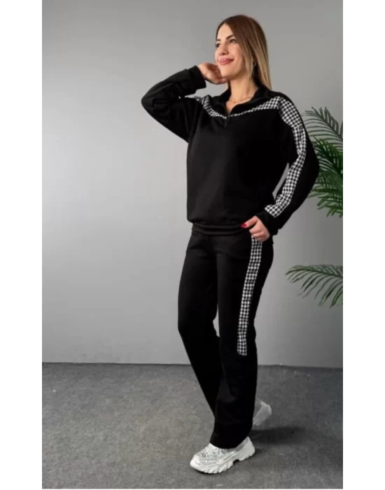 Kadın Fermuar Ve Ekose Detay Sweatshirt Ve Pantolon üç Iplik Kumaş Ikili Takım