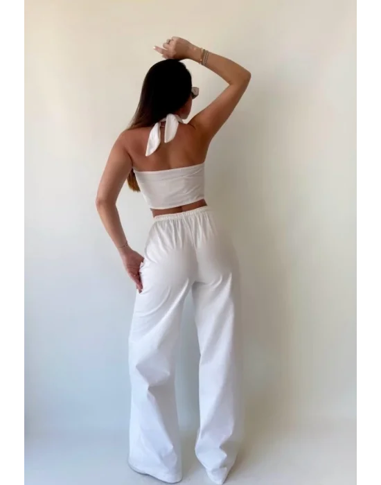 Kadın Gabardin Kumaş Boyundan Bağlamalı Yelek Bluz Salaş Pantolon İkili Takım